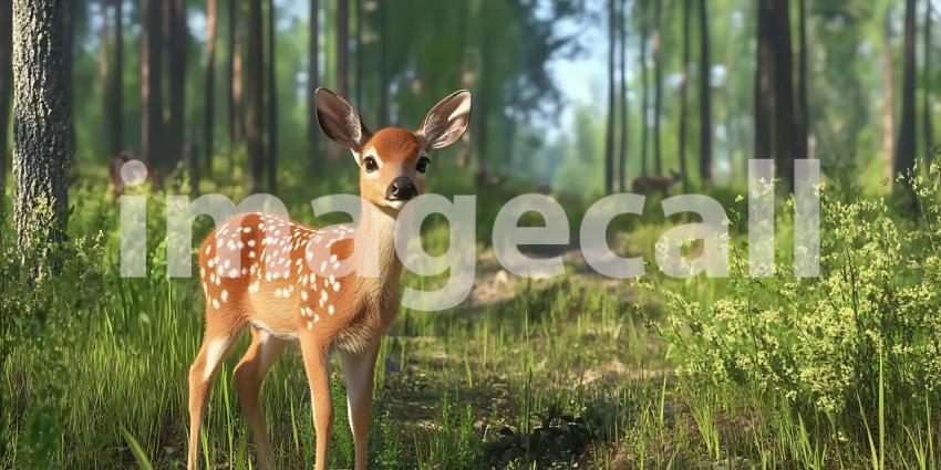 Fawn in Forest Majestic Deer in Lush Woodland Setting