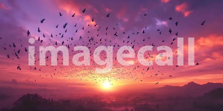 Sunset Symphony Birds in Flight Against Vibrant Sky