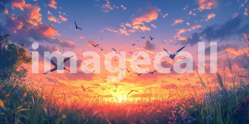 Vibrant Sunset Landscape Birds in Flight Natures Canvas