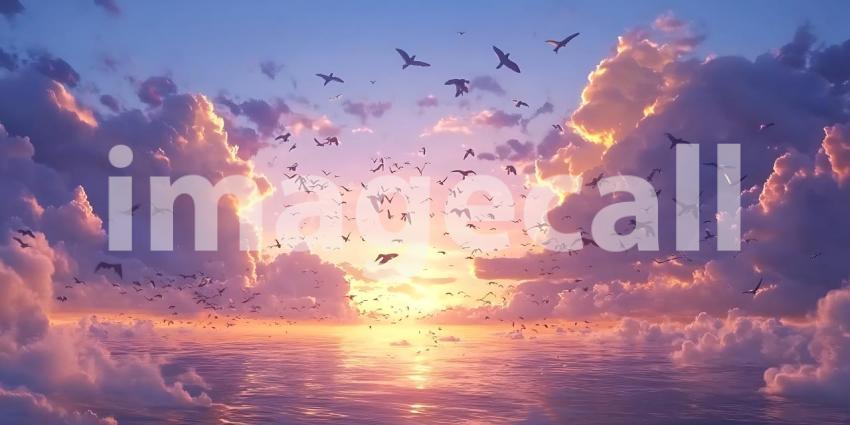 Sunset Sky Birds in Flight Colorful Clouds Scenic Landscape