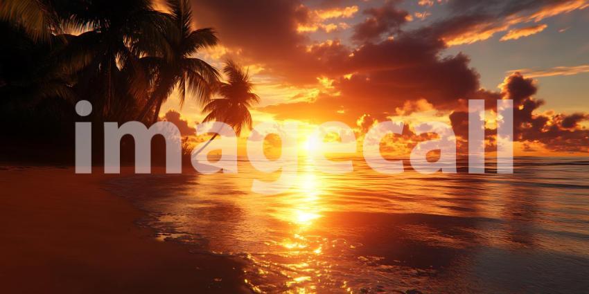 Fiery Tropical Sunset Beach Scene Panorama