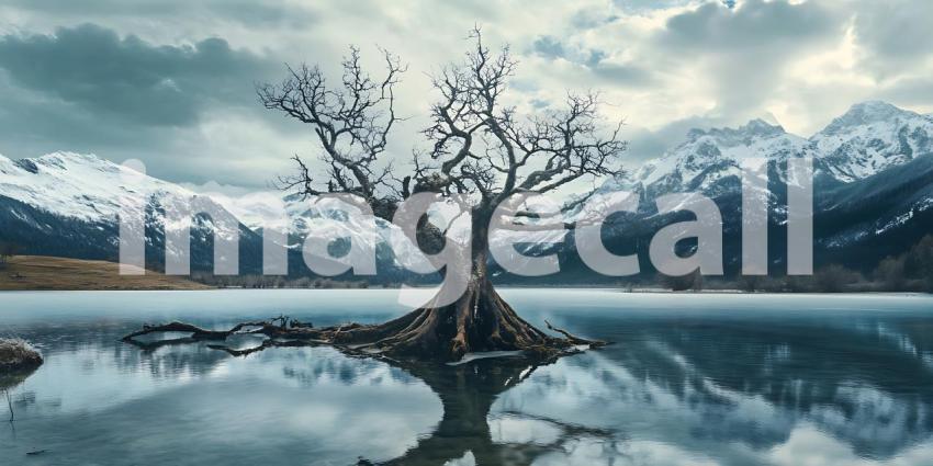Winter Landscape Majestic Tree Frozen Lake and Snowy Mountains