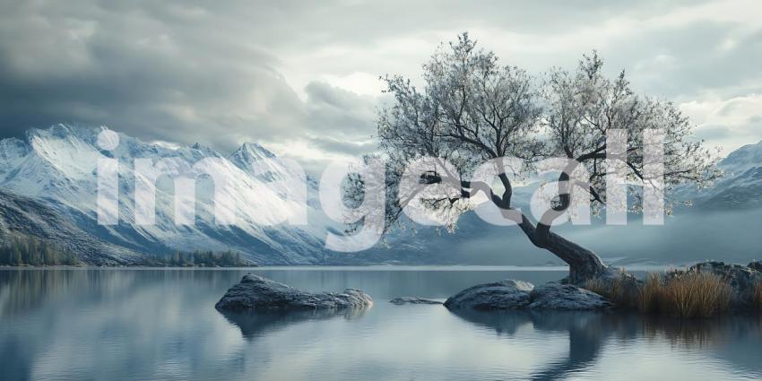 Majestic Winter Landscape Solitary Tree by Frozen Lake and SnowC