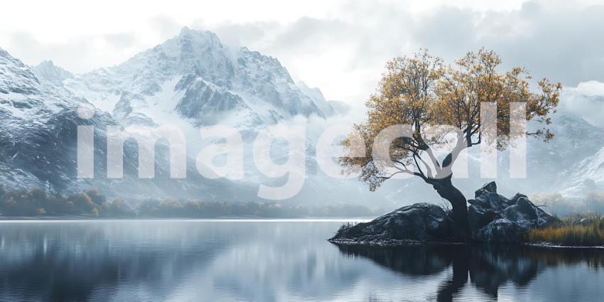 Serene Mountain Lake with Solitary Tree A Stunning Winter Landsc