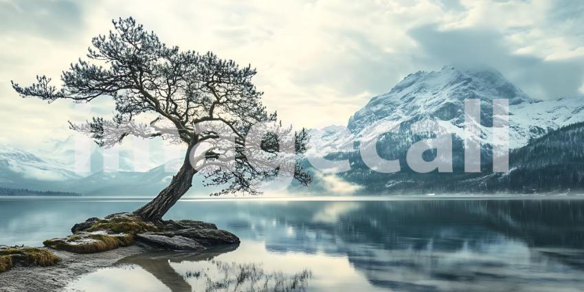 Solitary Tree by Serene Lake and Snowy Mountains A Stunning Land