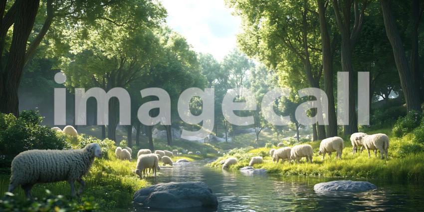 Peaceful Sheep in Lush Forest Serene Nature Scene