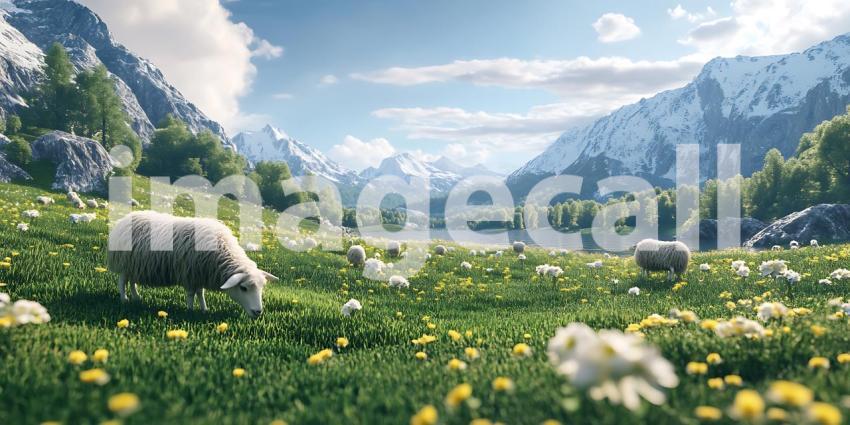 Serene Alpine Meadow Sheep Grazing in Lush Landscape