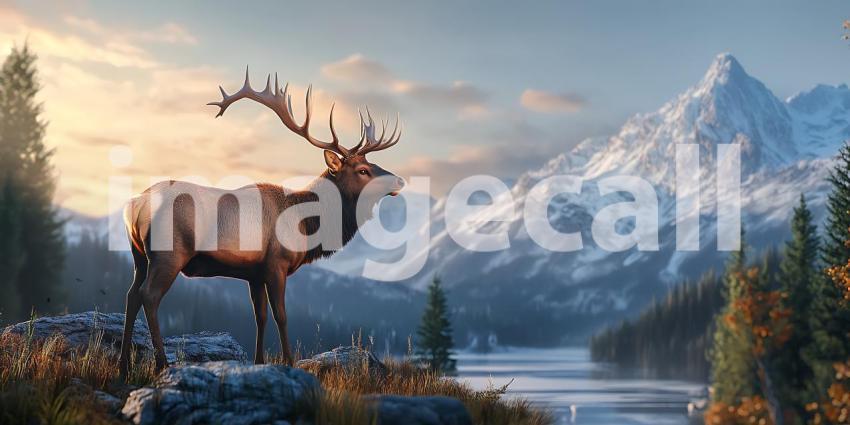 Majestic Elk in Winter Mountain Landscape A Stunning Nature Scen