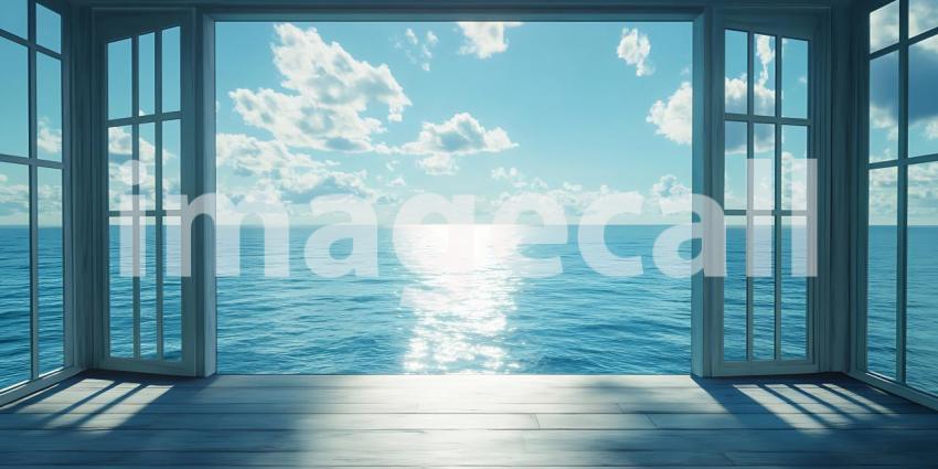 Ocean View Serene Seascape Through French Doors  Tranquil Coasta