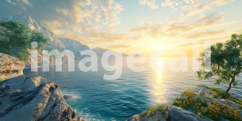Coastal Sunset Vibrant Ocean Panorama at Golden Hour