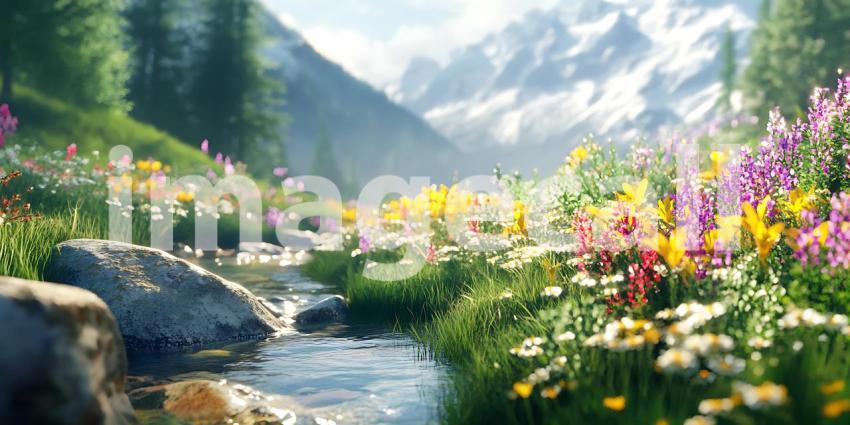 Vibrant Mountain Wildflowers  Stream Serene Nature Scene