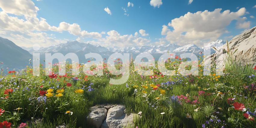 Vibrant Wildflower Meadow Landscape Stunning Mountain Scenery an
