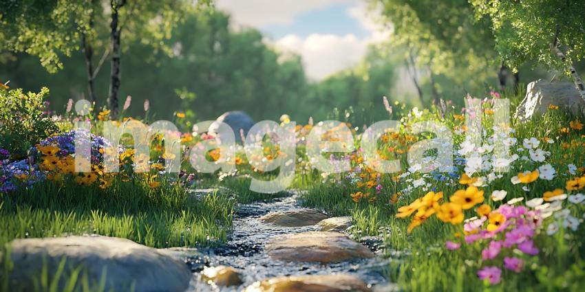 Serene Garden Landscape Tranquil Stream and Vibrant Blooms