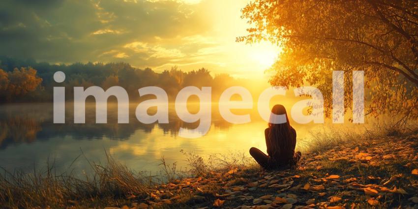 Serene Sunset Woman Contemplating by Autumn Lake