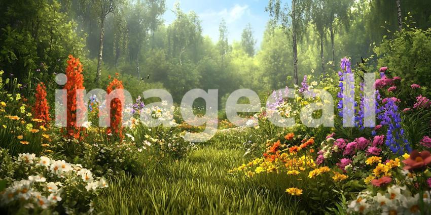 Vibrant Enchanted Forest Lush Greenery and Colorful Blooms