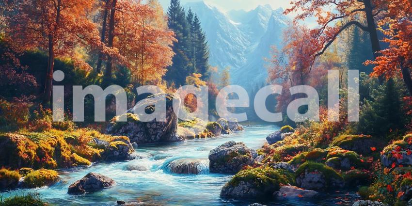 Autumn River Scene Vibrant Fall Colors  Serene Landscape Paintin