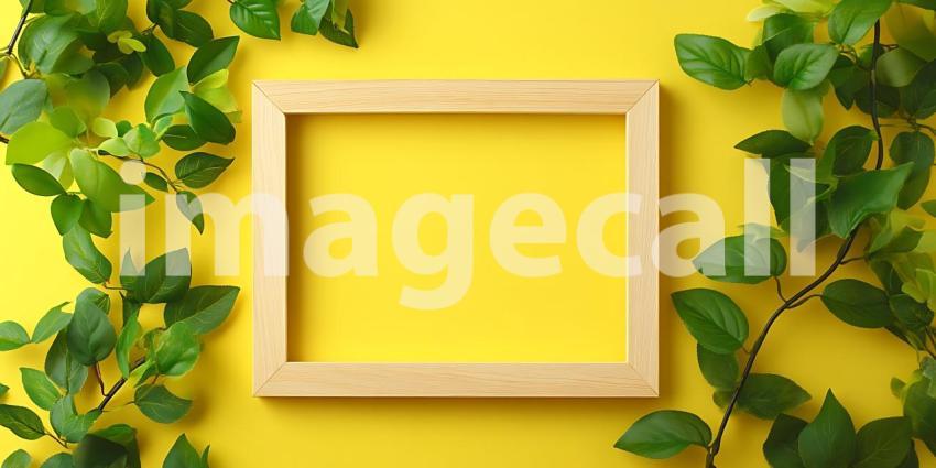 Wooden Frame with Green Ivy on Yellow Background Perfect for Spr