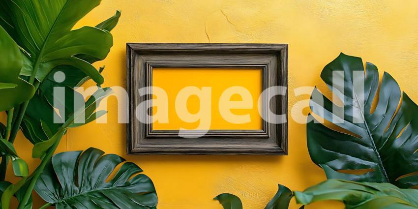 Empty Frame Mockup Tropical Leaves on Yellow Background