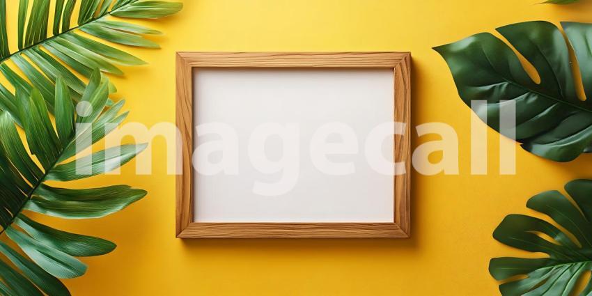 Vibrant Yellow Background with Tropical Leaves and Blank Frame P