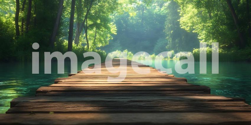 Serene Jungle Path Tranquil Wooden Bridge over Emerald Water