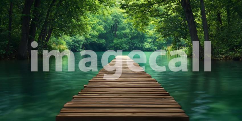 Serene Wooden Pathway Through Lush Green Canopy