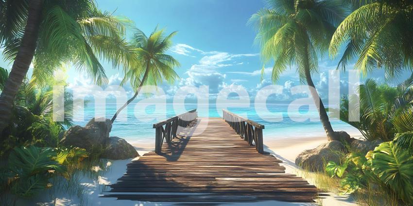 Tropical Paradise Wooden Pier Leading to Turquoise Ocean