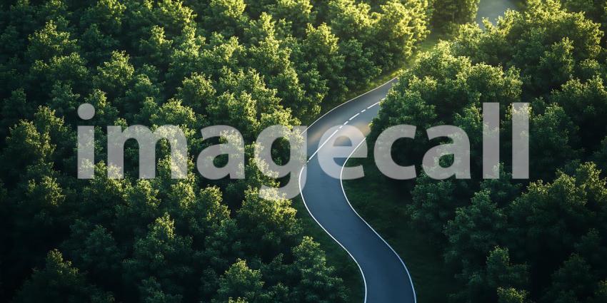 Winding Road Through Lush Green Forest Aerial Perspective