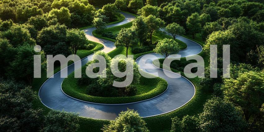 Aerial View Winding Road Through Lush Green Forest  Nature Photo