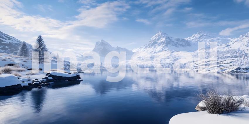 Stunning Winter Mountain Lake Landscape Serene Snowscape Panoram