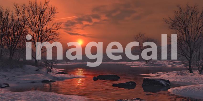 Stunning Winter Sunset Landscape Serene River Snow and Orange Sk