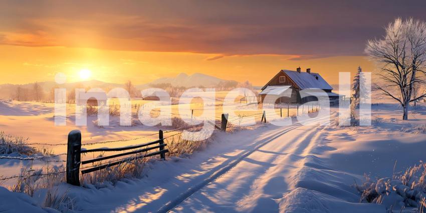 Winter Wonderland Sunset Scenic Snow Covered Cabin Landscape