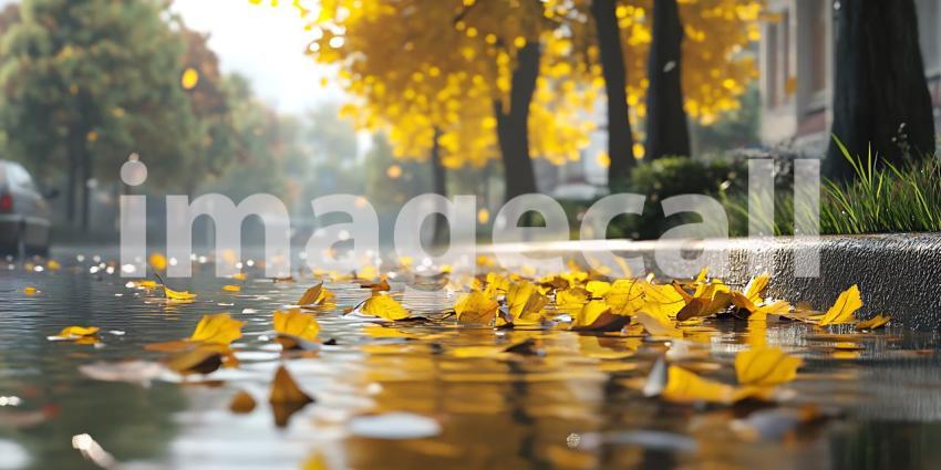 Autumn Cityscape Golden Leaves in Rainy Street Scene