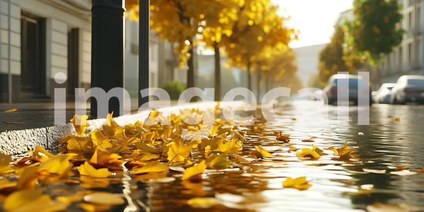 Autumn Rain City Street Scene with Golden Leaves