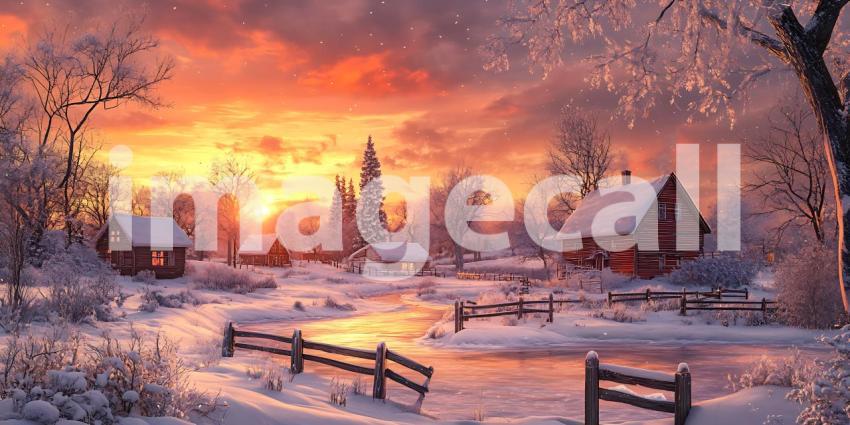Winter Wonderland Sunset Snowy Village Scene Background