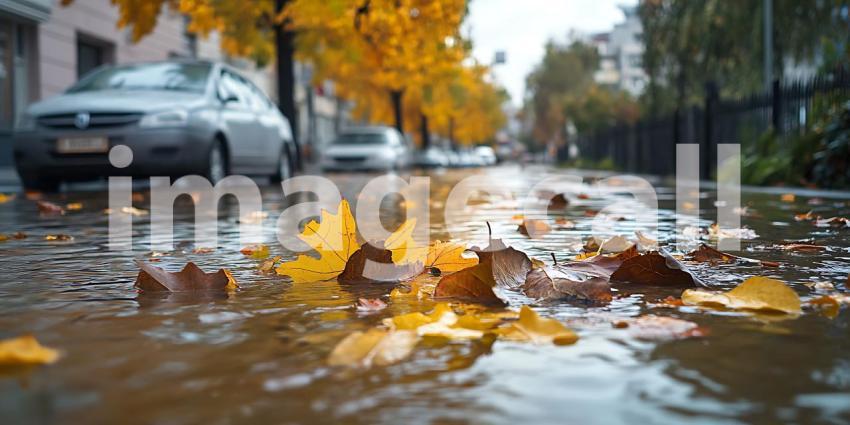 Autumn Rain Flooded City Street with Fallen Leaves