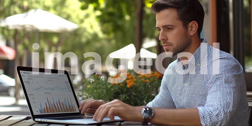 Man Working on Laptop at Outdoor Cafe