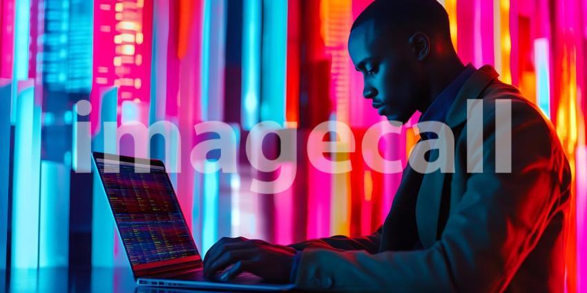 Cyberpunk Man Working on Laptop Vibrant Neon Background