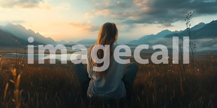 Serene Sunset Woman Contemplating Majestic Mountain Landscape