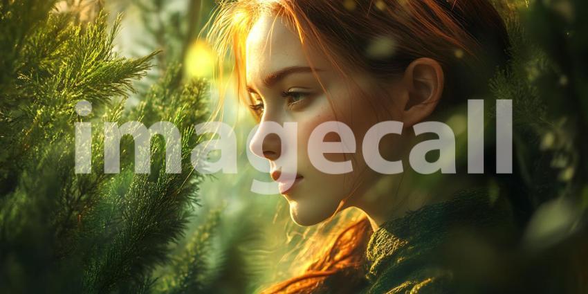 Redhead Woman in Nature Artistic Portrait Lush Foliage