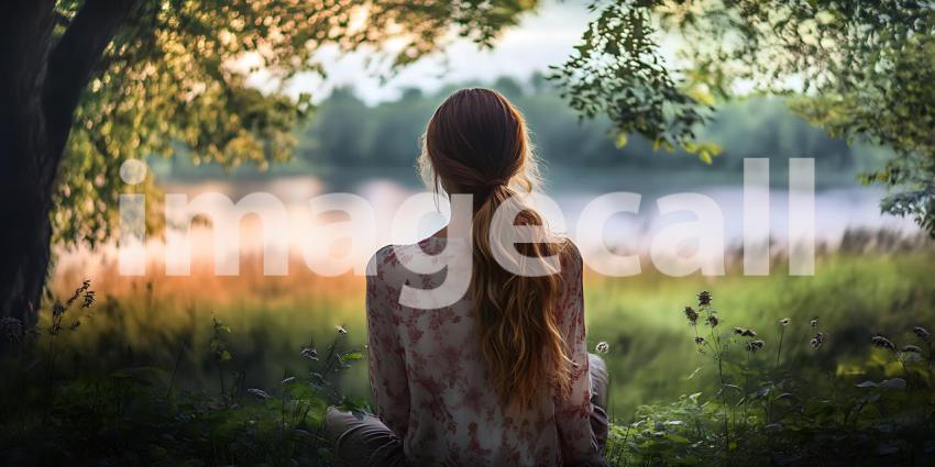 Woman Contemplating Nature Peaceful Lake Scene Photo