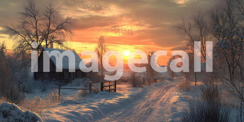 Stunning Winter Sunset Cabin in a Snowy Landscape