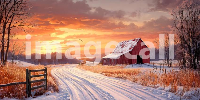 Winter Sunset Rural Landscape with Red Barn and SnowCovered Road