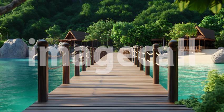 Serene Tropical Paradise Wooden Pier Leading to Tranquil Beach