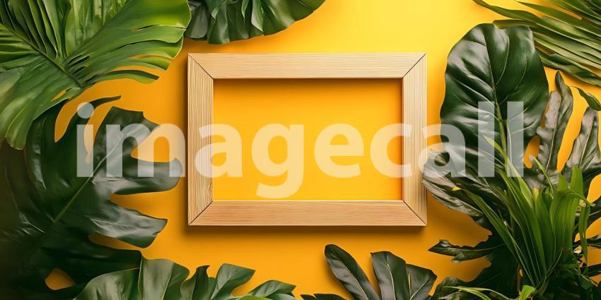 Tropical Leaves Frame Yellow Background Mockup for Design Projec