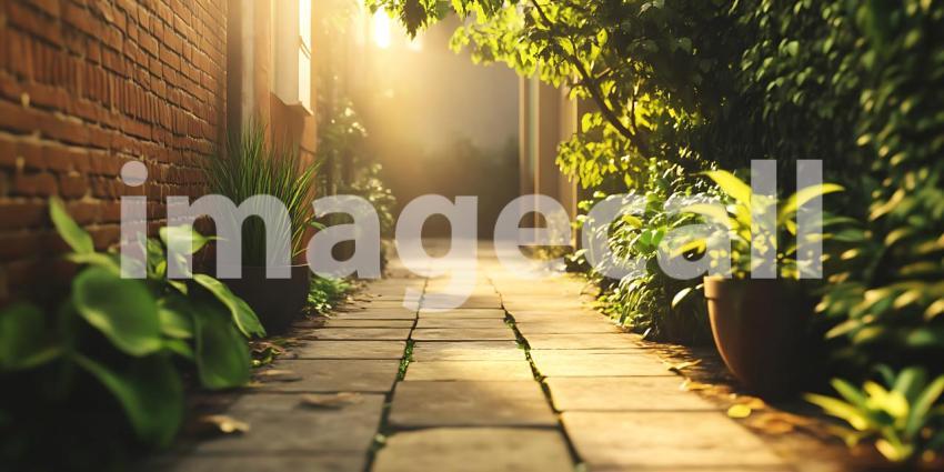Sunlit Brick Path Serene Garden Alleyway