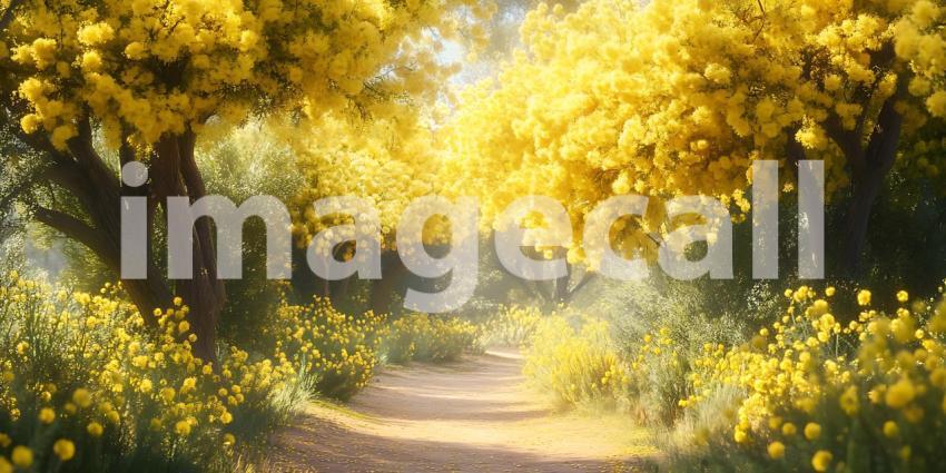 Golden Path Enchanting Yellow Blossoms  Sunlit Trail
