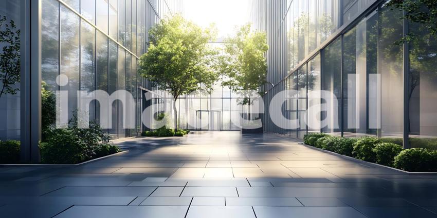 Serene Urban Alleyway Modern Architecture and Lush Greenery