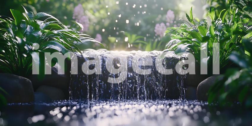 Serene Waterfall Scene Lush Greenery and Cascading Water