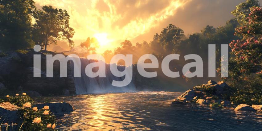 Golden Hour Waterfall Serene Nature Scene