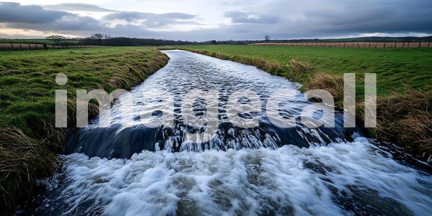 Powerful River Flowing Through Lush Green Fields Dramatic Nature